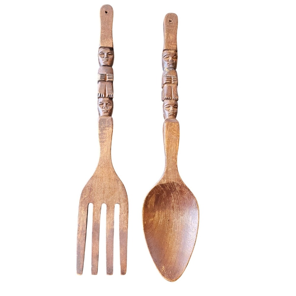 Vintage Hand Carved Wooden Tiki Totem Spoon and Fork Set 22 Inch Wall Decor‎